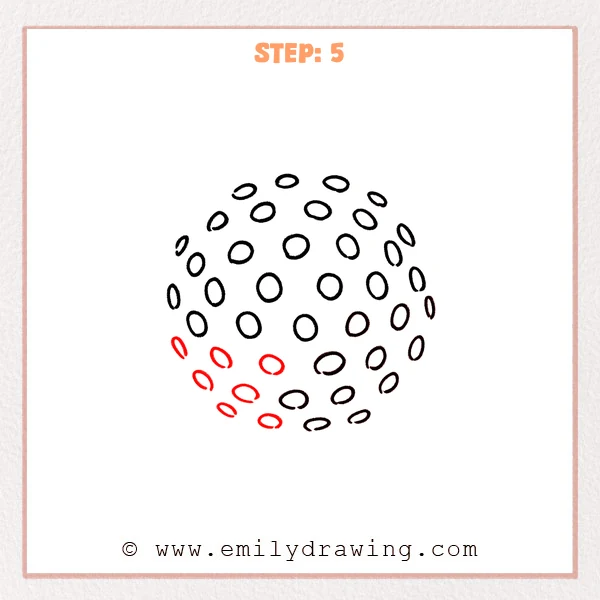 how to draw a golf ball - A golf ball drawing with the lower-left area filled using small, flat ovals to complete the bottom dimples.
